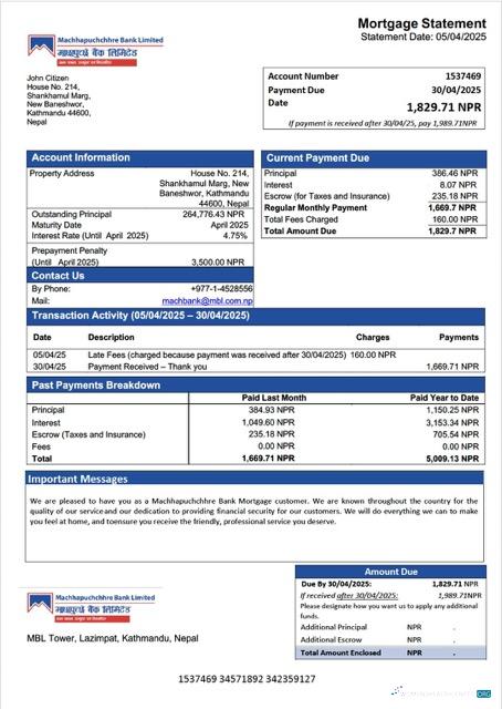 Download Nepal Machhapuchchhre Bank mortgage statement Word and PDF template Photoshop template
